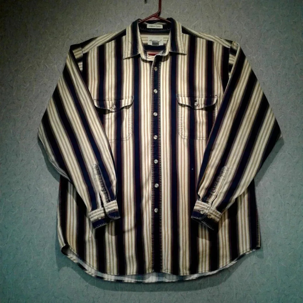 Eddie Bauer Men's L Sleeve Striped Elkhorn Canvas  Shirt Size XL Tall Ultra Long
